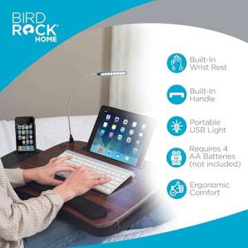 Sofia + Sam Multi Tasking Lap Desk with Memory Foam Cushion | Tablet Slot and USB Light | Fits Laptops Up to 15" | Tablets Up to 9.6" | Smart Phones Up to 4" | Black | Wood Top | Work from Home