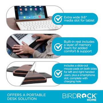 Sofia + Sam Multi Tasking Lap Desk with Memory Foam Cushion | Tablet Slot and USB Light | Fits Laptops Up to 15" | Tablets Up to 9.6" | Smart Phones Up to 4" | Black | Wood Top | Work from Home