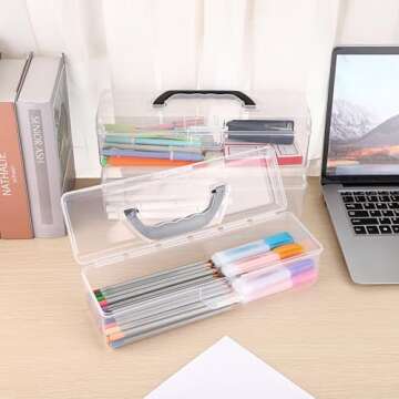 BTSKY 3 Pack Long Plastic Pencil Box Portable Clear Home Utility Boxes with Black Handle Stationery ...
