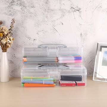BTSKY 3 Pack Long Plastic Pencil Box Portable Clear Home Utility Boxes with Black Handle Stationery Storage Organizer Painting Tool Storage Container for Pencils Markers Sticky-Notes Craft Supplies