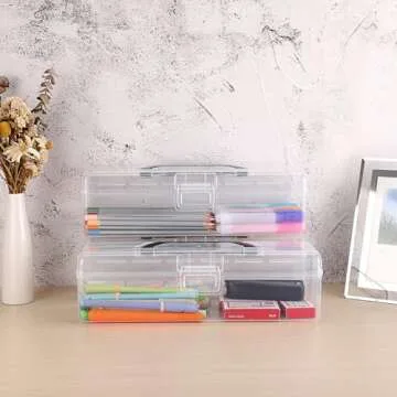BTSKY 3 Pack Long Plastic Pencil Box Portable Clear Home Utility Boxes with Black Handle Stationery Storage Organizer Painting Tool Storage Container for Pencils Markers Sticky-Notes Craft Supplies