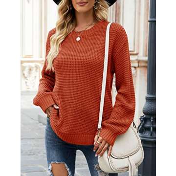 MEROKEETY Women's 2024 Fall Casual Fall Waffle Knit Sweater Long Balloon Sleeve Loose Pullover Jumper, Rust, M