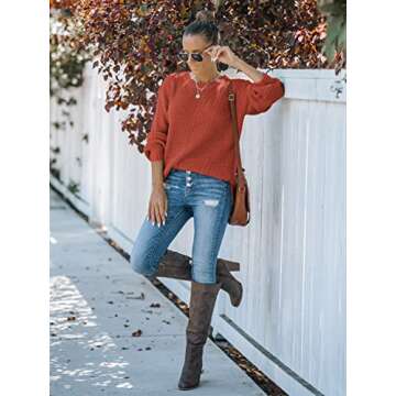 MEROKEETY Women's 2024 Fall Casual Fall Waffle Knit Sweater Long Balloon Sleeve Loose Pullover Jumper, Rust, M