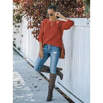 MEROKEETY Women's 2024 Fall Casual Fall Waffle Knit Sweater Long Balloon Sleeve Loose Pullover Jumper, Rust, M