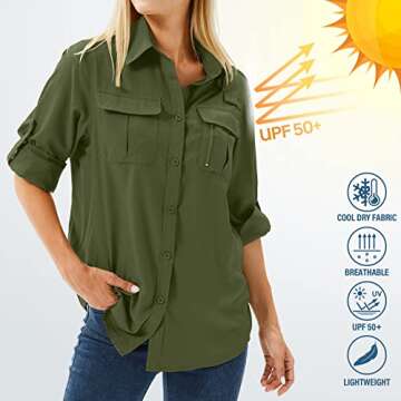 Toumett Women's UPF 50 Long Sleeve UV Sun Protection Safari Shirts Outdoor Quick Dry Fishing Hiking Travel Shirts