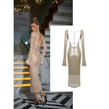 Meilun Deep V Dress with Drawstring Long Sleeve Sequin Dress for Women Long Gown - XS