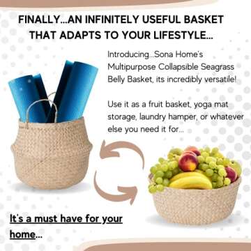 Sona Home Seagrass Basket – Small Natural Woven Straw Basket, 4 Sizes 2 Colors, Plant Baskets Indoor, Blanket Holder, Round Wicker Basket, Home Boho Décor, for Picnic, Yoga Mat, & Laundry