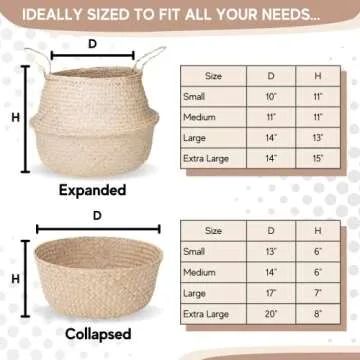 Sona Home Seagrass Basket – Small Natural Woven Straw Basket, 4 Sizes 2 Colors, Plant Baskets Indoor, Blanket Holder, Round Wicker Basket, Home Boho Décor, for Picnic, Yoga Mat, & Laundry