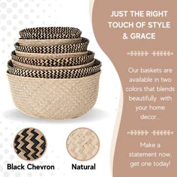 Sona Home Seagrass Basket – Small Natural Woven Straw Basket, 4 Sizes 2 Colors, Plant Baskets Indoor, Blanket Holder, Round Wicker Basket, Home Boho Décor, for Picnic, Yoga Mat, & Laundry