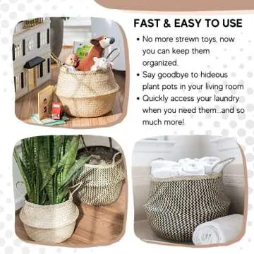 Sona Home Seagrass Basket – Small Natural Woven Straw Basket, 4 Sizes 2 Colors, Plant Baskets Indoor, Blanket Holder, Round Wicker Basket, Home Boho Décor, for Picnic, Yoga Mat, & Laundry