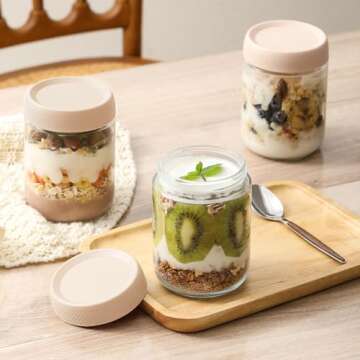 NETANY 3-pack 16oz Glass jars with Airtight Lids, Overnight Oats Containers with Lids, Wide mouth Mason Salad jars, Glass Food Storage Containers for Snacks Yogurt Spice Sugar-Beige