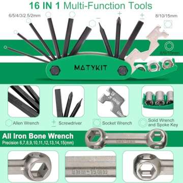 MatyKit Bike Repair Kit with Tools Bag + Bicycle Pump + Bike Multitool + Crank Extractor and Wrench + Bone Wrench + Tire Lever + Bike Glueless Patches Set