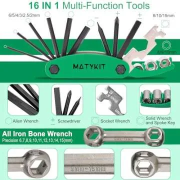 MatyKit Bike Repair Kit with Tools Bag + Bicycle Pump + Bike Multitool + Crank Extractor and Wrench + Bone Wrench + Tire Lever + Bike Glueless Patches Set