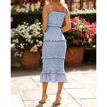 dowerme Women Summer Casual Floral Midi Smocked Dress