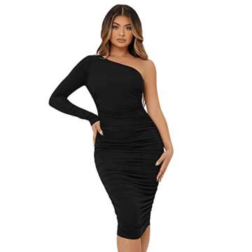 One Shoulder Ruched Bodycon Midi Dress for Women
