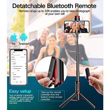CAFELE Selfie Stick Tripod,Extendable Phone Tripod Stand with Detachable Bluetooth Remote,7.68-31.5 Inch Tripod Stand