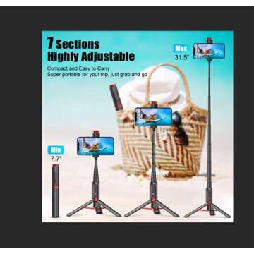 CAFELE Selfie Stick Tripod,Extendable Phone Tripod Stand with Detachable Bluetooth Remote,7.68-31.5 Inch Tripod Stand