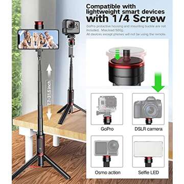 CAFELE Selfie Stick Tripod,Extendable Phone Tripod Stand with Detachable Bluetooth Remote,7.68-31.5 Inch Tripod Stand