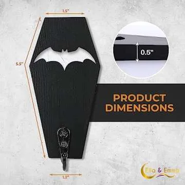 Ella & Emma Wall Mounted Coffin-Shaped Key Holder - Gothic Home Decor Wall Hanger with Hook - Gothic & Spooky Halloween Decor for Home - 2 Pieces (COFFIN & BAT)