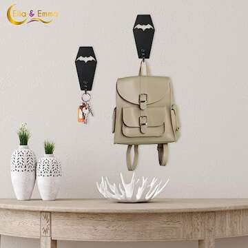 Ella & Emma Wall Mounted Coffin-Shaped Key Holder - Gothic Home Decor Wall Hanger with Hook - Gothic & Spooky Halloween Decor for Home - 2 Pieces (COFFIN & BAT)