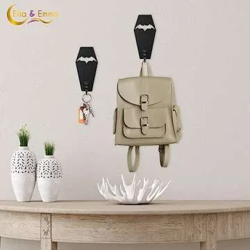 Ella & Emma Wall Mounted Coffin-Shaped Key Holder - Gothic Home Decor Wall Hanger with Hook - Gothic & Spooky Halloween Decor for Home - 2 Pieces (COFFIN & BAT)