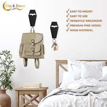 Ella & Emma Wall Mounted Coffin-Shaped Key Holder - Gothic Home Decor Wall Hanger with Hook - Gothic & Spooky Halloween Decor for Home - 2 Pieces (COFFIN & BAT)