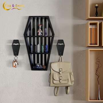 Ella & Emma Wall Mounted Coffin-Shaped Key Holder - Gothic Home Decor Wall Hanger with Hook - Gothic & Spooky Halloween Decor for Home - 2 Pieces (COFFIN & BAT)