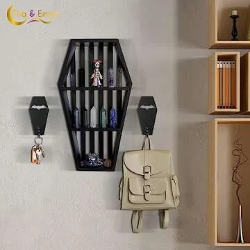 Ella & Emma Wall Mounted Coffin-Shaped Key Holder - Gothic Home Decor Wall Hanger with Hook - Gothic & Spooky Halloween Decor for Home - 2 Pieces (COFFIN & BAT)