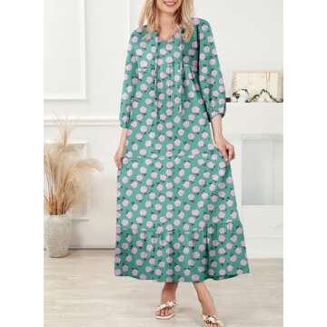 Dokotoo Womens Spring Dresses Lantern Long Sleeve Dress V Neck Maxi Dress Smocked Ruffle Boho Dress Casual Beach Dresses for Women Vacation X-Large Green