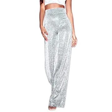 Velius Women's Sexy Metallic Sparkly Wide Leg Pants Trousers Clubwear (Small, Silver)