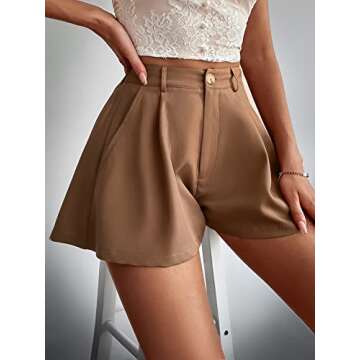 Floerns Women's Solid High Waisted Wide Leg Casual Pleated Shorts with Pocket Brown XS