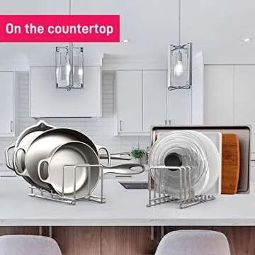AmoVee 2 Pack Kitchen Organizer Set, Pan and Pot Lid Organizer Rack for Pots & Pans, Lids, Plates, Cutting Boards, Bakeware, Cooling Rack, Serving Trays, Total 12 Compartments, Silver