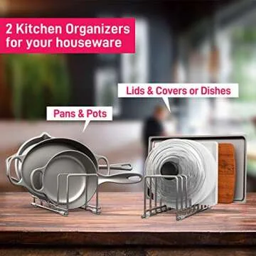 AmoVee 2 Pack Kitchen Organizer Set, Pan and Pot Lid Organizer Rack for Pots & Pans, Lids, Plates, Cutting Boards, Bakeware, Cooling Rack, Serving Trays, Total 12 Compartments, Silver