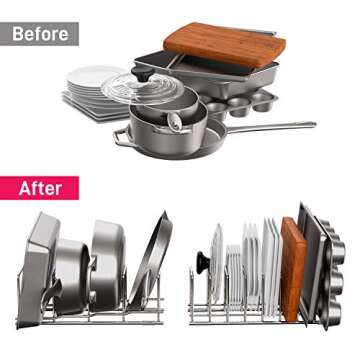 AmoVee 2 Pack Kitchen Organizer Set, Pan and Pot Lid Organizer Rack for Pots & Pans, Lids, Plates, Cutting Boards, Bakeware, Cooling Rack, Serving Trays, Total 12 Compartments, Silver