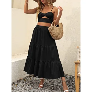 Stylish ANRABESS Boho Flowy Midi Skirt with Pockets