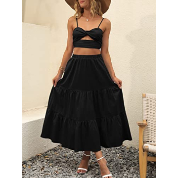 Stylish ANRABESS Boho Flowy Midi Skirt with Pockets