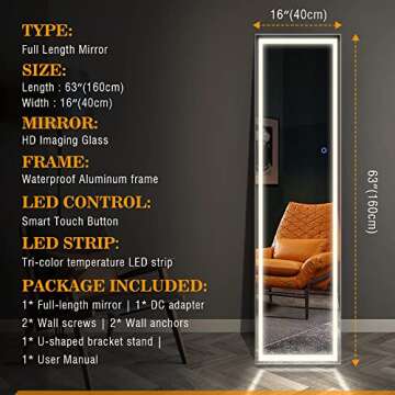 Vlsrka LED Full-Length Mirror, Floor Mirror with Lights, Wall Mounted Lighted Mirror, Free Standing Mirror, Dressing Body Mirror, 3 Color Lighting & Dimmable Brightness(63 x 16in, Silver)