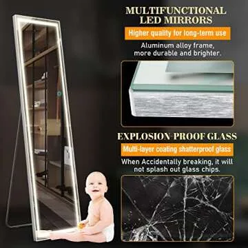 Vlsrka LED Full-Length Mirror, Floor Mirror with Lights, Wall Mounted Lighted Mirror, Free Standing Mirror, Dressing Body Mirror, 3 Color Lighting & Dimmable Brightness(63 x 16in, Silver)
