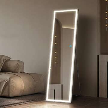 Vlsrka LED Full-Length Mirror, Floor Mirror with Lights, Wall Mounted Lighted Mirror, Free Standing Mirror, Dressing Body Mirror, 3 Color Lighting & Dimmable Brightness(63 x 16in, Silver)