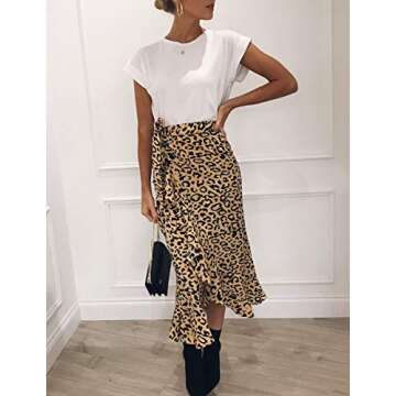 Woman Lace-up Band Sideling Ruffle Leopard Print Midiskirt (S, Yellow Leopard Print)