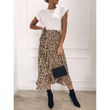 Woman Lace-up Band Sideling Ruffle Leopard Print Midiskirt (S, Yellow Leopard Print)