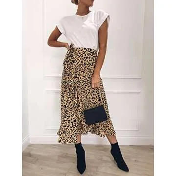 Woman Lace-up Band Sideling Ruffle Leopard Print Midiskirt (S, Yellow Leopard Print)