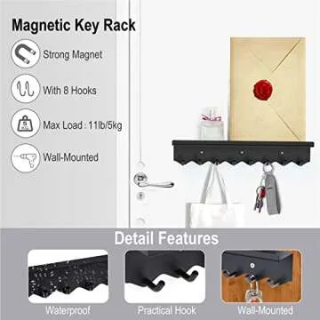 Volnamal Key Holder Wall Mount, Magnetic Key Hooks and Mail Organizer Tray with 8 Hooks, Adhesive Key Rack Hanger for Entryway, Refrigerator, Black