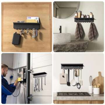 Volnamal Key Holder Wall Mount, Magnetic Key Hooks and Mail Organizer Tray with 8 Hooks, Adhesive Key Rack Hanger for Entryway, Refrigerator, Black