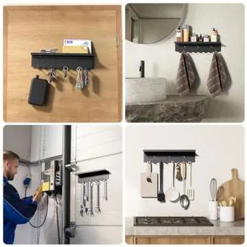 Volnamal Key Holder Wall Mount, Magnetic Key Hooks and Mail Organizer Tray with 8 Hooks, Adhesive Key Rack Hanger for Entryway, Refrigerator, Black