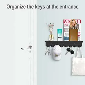 Volnamal Key Holder Wall Mount, Magnetic Key Hooks and Mail Organizer Tray with 8 Hooks, Adhesive Key Rack Hanger for Entryway, Refrigerator, Black