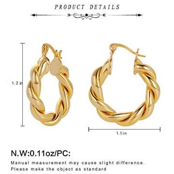 CLASSYZINT Twisted Hoop Earrings 14K Gold Plated Dainty Lightweight Hypoallergenic Chunky Hoops Earrings for Women