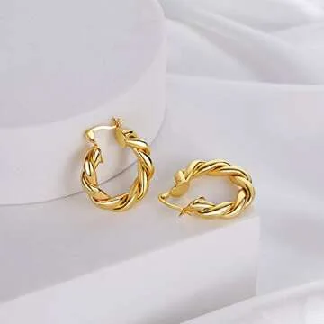 CLASSYZINT Twisted Hoop Earrings 14K Gold Plated Dainty Lightweight Hypoallergenic Chunky Hoops Earrings for Women