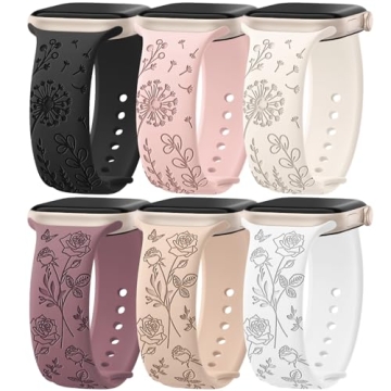 6 Pack Floral Engraved Silicone Bands Compatible for Apple Watch Band 38mm 40mm 41mm 42mm 44mm 45mm ...