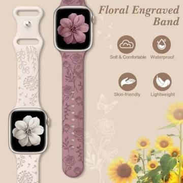 6 Pack Floral Engraved Silicone Bands Compatible for Apple Watch Band 38mm 40mm 41mm 42mm 44mm 45mm 46mm 49mm Women,Flower Sport Straps for iWatch Series 10 9 8 se Ultra 7 6 5 4 3 Patenting